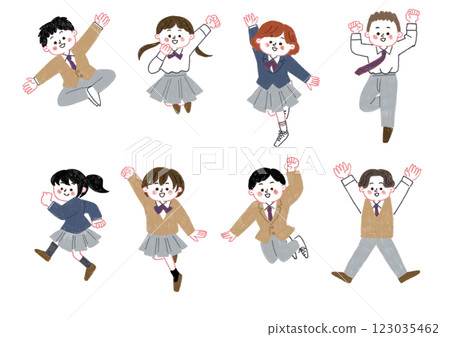 一組用色鉛筆繪製的跳躍學生插圖 一組用色鉛筆繪製的跳躍學生插圖 123035462