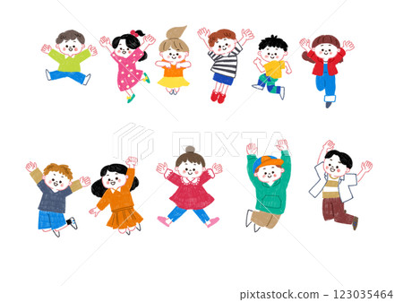 一組用色鉛筆畫的跳躍的孩子 123035464