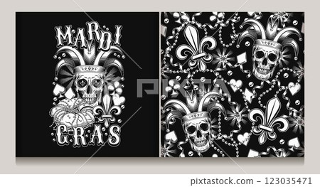 Seamless Mardi Gras pattern with skull in jester hat, beads, card suits icons, trinket, Fleur de Lis sign. Emblem with harlequin skull, traditional food king cake, text. Black and white illustrations 123035471
