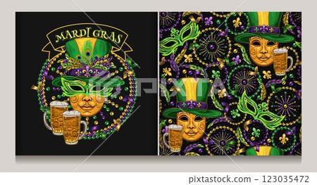 Mardi Gras beaded circular green label with golden venetian mask in top hat, glass of beer, flying confetti, text. Seamless pattern with mask, scattered fleur de lis, strings of beads, confetti. 123035472