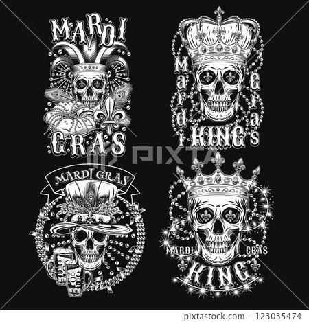 Carnival black and white Mardi Gras labels with human skull, crown, festive garlands, king cake, beer, beads, text. Black background. For prints, clothing, t shirt, holiday design 123035474