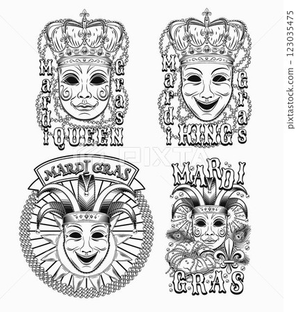 Carnival Mardi Gras labels with masquerade masks, crown, jester harlequin hat, beads, text. Vintage monochrome illustrations on white background. For prints, clothing, t shirt, holiday goods design 123035475