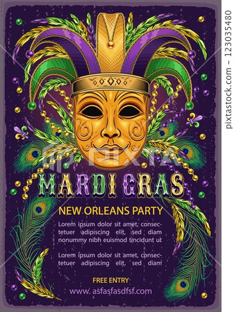 Vertical carnival advert poster with golden venetian mask in jester hat, scattered beads, feathers, glossy text. A4 template with copy space for Mardi Gras carnival, party, events in vintage style. Vertical carnival advert poster with golden venetian mask in jester hat, scattered beads, feathers, glossy text. A4 template with copy space for Mardi Gras carnival, party, events in vintage style. 123035480