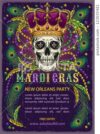Mardi Gras carnival poster with human skull in imperial crown, scattered beads, bunch of beads, feathers, glossy text. A4 template in vintage style with copy space for party, events 123035481