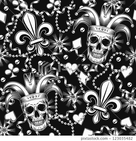 Seamless black and white Mardi Gras pattern with human skull in jester hat, beads, streamer ribbons, card suits icons, holiday trinket, Fleur de Lis sign. Randomly scattered objects. Vintage style 123035482