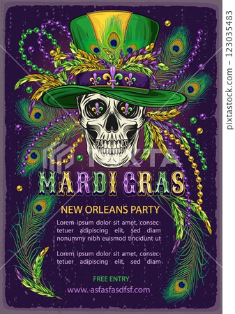 Vertical carnival advert poster with human skull in cylinder hat, feathers, glossy text. A4 template with copy space for Mardi Gras carnival, party, events in vintage style. Textured background Vertical carnival advert poster with human skull in cylinder hat, feathers, glossy text. A4 template with copy space for Mardi Gras carnival, party, events in vintage style. Textured background 123035483