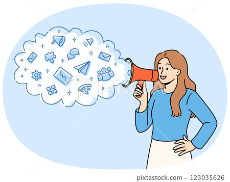 Woman with megaphone announces business event or works as promoter advertising company service 123035626