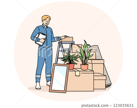 Man mover stands near pile of cardboard boxes advertising services of company that helps with moving 123035631