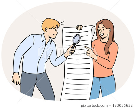 Man and woman are studying business document using magnifying glass to look for hidden information Man and woman are studying business document using magnifying glass to look for hidden information 123035632