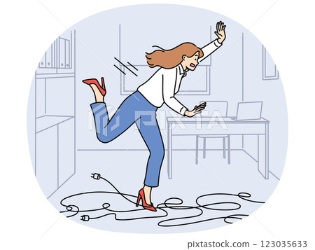 Businesswoman trips on wires and falls, risking injury due to clumsiness or mess in workplace Businesswoman trips on wires and falls, risking injury due to clumsiness or mess in workplace 123035633