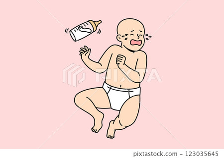 Newborn is crying due to lack of breast milk and use of baby food with chemicals. Newborn is crying due to lack of breast milk and use of baby food with chemicals. 123035645