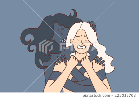 Vampire bites and strangles frightened angry woman in need due to panic attack or schizophrenia Vampire bites and strangles frightened angry woman in need due to panic attack or schizophrenia 123035708