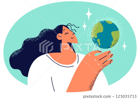 Smiling woman holding planet earth in hands Smiling woman holding planet earth in hands 123035713