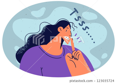 Woman keep finger at lips ask be quiet 123035724