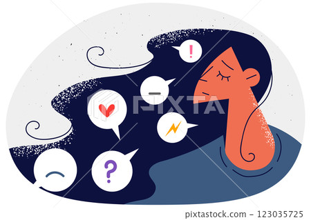 Unhappy woman with emojis in hair 123035725