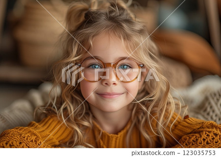 Happy girl with long blonde hair and glasses is smiling, wearing a yellow sweater and is sitting on a bed 123035753
