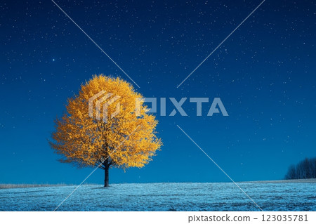 Tree stands in field of snow, with a clear blue sky above it. The scene is peaceful and serene, with the tree providing a sense of stability and grounding in the midst of the vast, open landscape 123035781