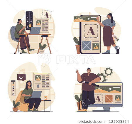 Web design concept scenes set in flat design. People in situations of building wireframe layout, filling with different content, creating graphic elements for sites interface. Vector illustrations. Web design concept scenes set in flat design. People in situations of building wireframe layout, filling with different content, creating graphic elements for sites interface. Vector illustrations. 123035854