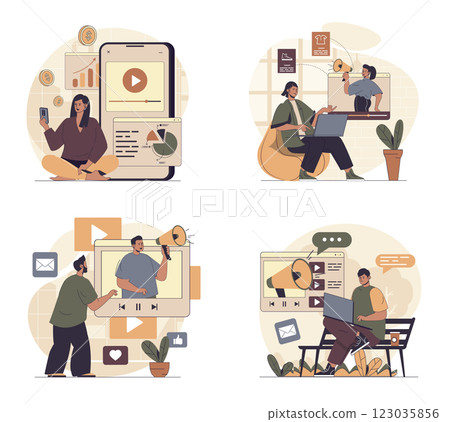 Video marketing concept scenes set in flat web design. People in situations of creating viral content, making online advertising and data analysis, attracting new followers. Vector illustrations. 123035856