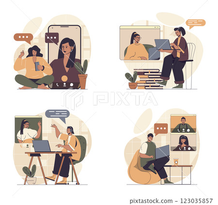 Video chatting concept scenes set in flat web design. People in situations of connecting online and calling in zoom y mobile app or laptop, talking with friends colleagues. Vector illustrations. Video chatting concept scenes set in flat web design. People in situations of connecting online and calling in zoom y mobile app or laptop, talking with friends colleagues. Vector illustrations. 123035857