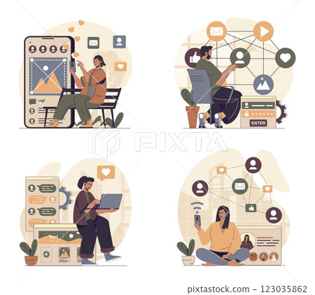 Social network concept scenes set in flat web design. People in situations of online connect with internet friends, taking selfies, posting online, collect likes, sharing links. Vector illustrations. Social network concept scenes set in flat web design. People in situations of online connect with internet friends, taking selfies, posting online, collect likes, sharing links. Vector illustrations. 123035862