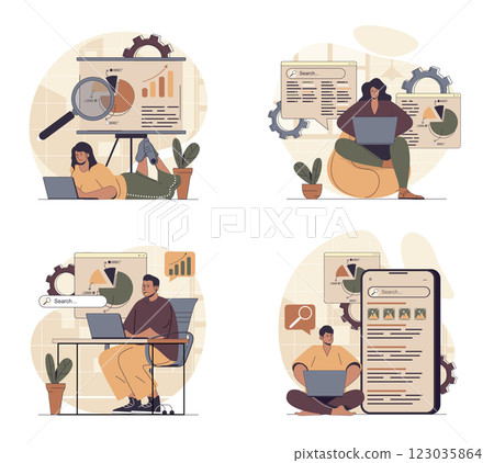 Seo analysis concept scenes set in flat web design. People in situations of making data site analysis, researching webpage graph on screen, increasing traffic with keywords. Vector illustrations. Seo analysis concept scenes set in flat web design. People in situations of making data site analysis, researching webpage graph on screen, increasing traffic with keywords. Vector illustrations. 123035864