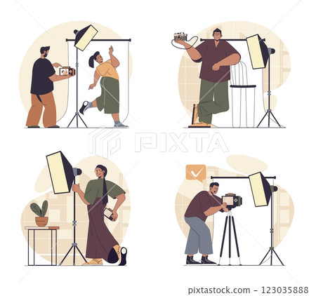 Photo studio concept scenes set in flat web design. People in situations of getting photography shot, posing for portraits, photographer working at shooting under spotlights. Vector illustrations. 123035888