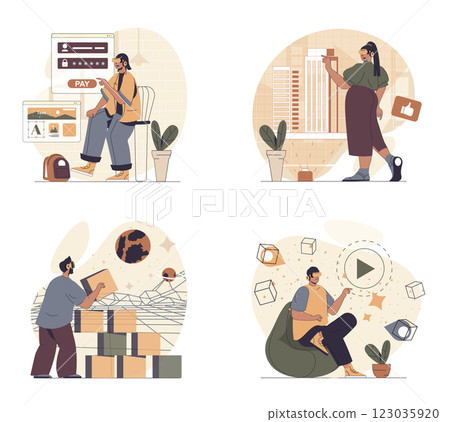 Cyberspace concept scenes set in flat web design. People in situations of in VR headsets interacting with virtual reality, paying shopping, working, playing game with simulation. Vector illustrations. 123035920