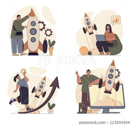 Business startup concept scenes set in flat web design. People in situations of launching new project, working at project, brainstorming, planning process, attracting investment. Vector illustrations. 123035934