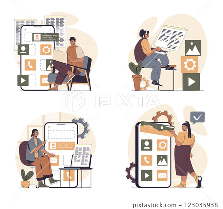 App development concept scenes set in flat web design. People in situations of programming mobile phone layouts, building app buttons and elements, testing products and optimize. Vector illustrations. 123035938