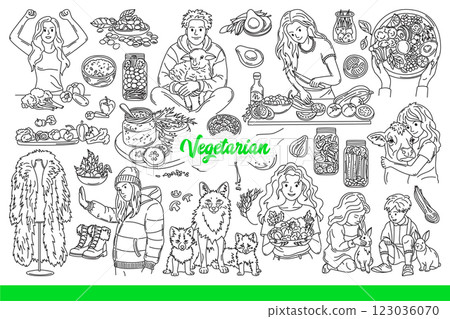 Vegetarian people eat salads made from organic products and refuse to eat animal meat. Hand drawn. 123036070