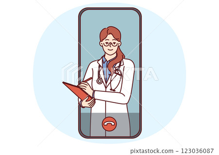 Video call to doctor through telemedicine application on phone for online consultation of patient 123036087