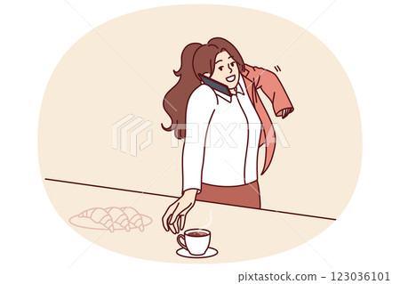 Busy woman makes business phone call having breakfast and puts on jacket hurrying to work. Busy woman makes business phone call having breakfast and puts on jacket hurrying to work. 123036101