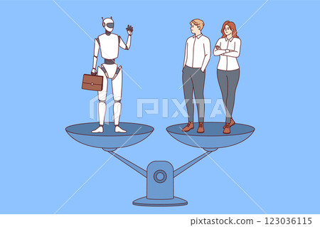 Robot and office workers stand on different scales, for concept of choosing between humans and AI 123036115