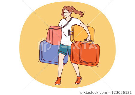 Woman carries lot of tourist suitcases when going on long trip or changing places of residence 123036121