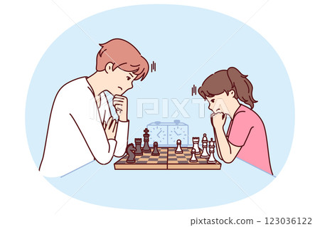 Game of chess between man and teenage girl during training of professional grandmaster 123036122