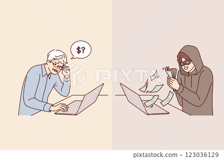 Hacker steals money from elderly man using laptop with internet, using psychological manipulation 123036129