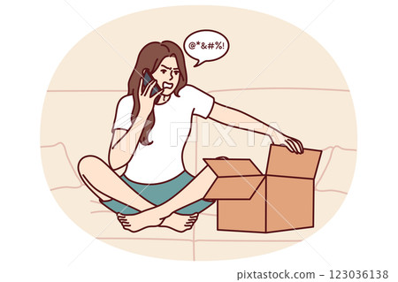 Woman with box and phone makes call to store support team complaining about damaged product Woman with box and phone makes call to store support team complaining about damaged product 123036138