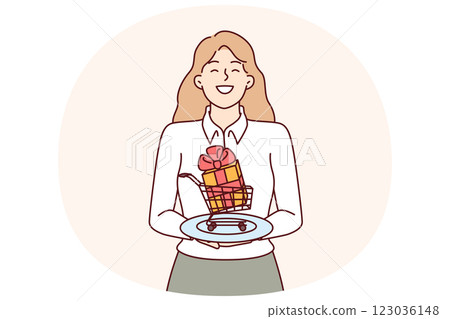 Woman with giftbox in miniature shopping cart symbolizing gift for visiting store or cashback Woman with giftbox in miniature shopping cart symbolizing gift for visiting store or cashback 123036148