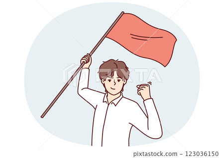 Man with red flag in hand makes victory gesture showing leadership qualities and motivating people Man with red flag in hand makes victory gesture showing leadership qualities and motivating people 123036150