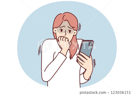 Frightened woman with phone biting nails in fear after reading bad news about approaching crisis Frightened woman with phone biting nails in fear after reading bad news about approaching crisis 123036151