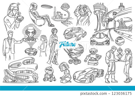 Futuristic technologies and innovations used by people to work and move or play. Hand drawn. 123036175