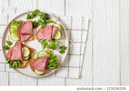 toast with corned beef and veggies, top view toast with corned beef and veggies, top view 123036209