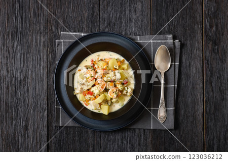 seafood chowder in a white bowl, top view seafood chowder in a white bowl, top view 123036212
