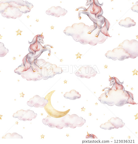 Seamless watercolor pattern with Unicorn and yellow stars, and clouds. Hand drawn Illustrations of background for nursery wallpaper, baby decor, textiles, or children paper. Pastel colors pony 123036321