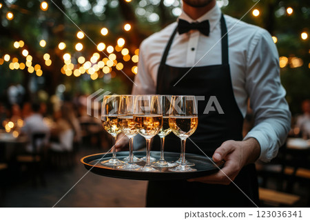 Waiter serving wine at elegant outdoor event 123036341