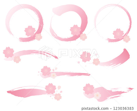 Set of cherry blossom decorations, brush strokes and circular frames 123036383