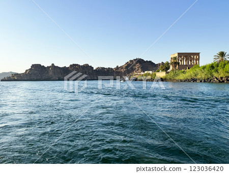 Trajan's Kiosk, Philae Island, seen from a boat 123036420