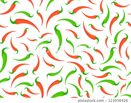 Red chili peppers seamless pattern. Hot chili pepper. Spicy spice for dishes. Design for wrappers, wallpapers, covers, banners and posters. Vector illustration 123036426