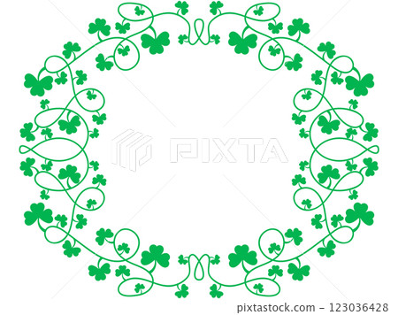 Green clover leaves frame for St. Patrick's Day. Border with shamrocks with place for text. Holiday shamrock frame for promotional products, postcards and printed publications. Vector illustration 123036428
